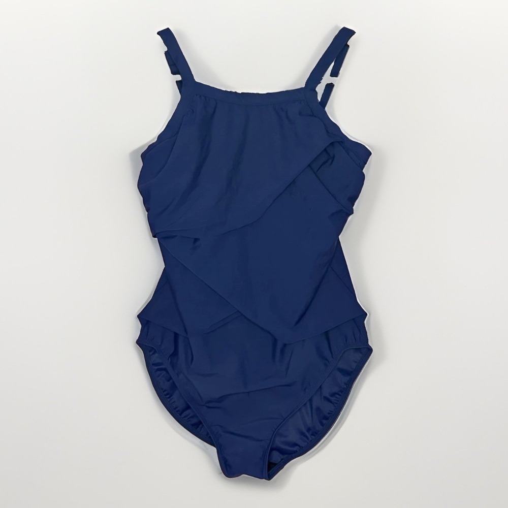 Miraclesuit 12 Navy‎ Blue Swimsuit Tummy Control Ruched Swim Underwire Classic